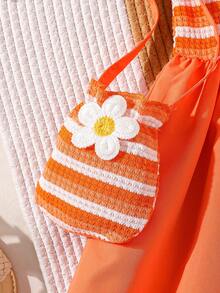 SHEIN Playful Pals 2件套女童甜美清新风格碎花条纹拼接无袖A字连衣裙，配迷你包，适合日常外出、休闲旅行、家庭聚会、拍照、夏季穿着 - 橘色 - 查看 7