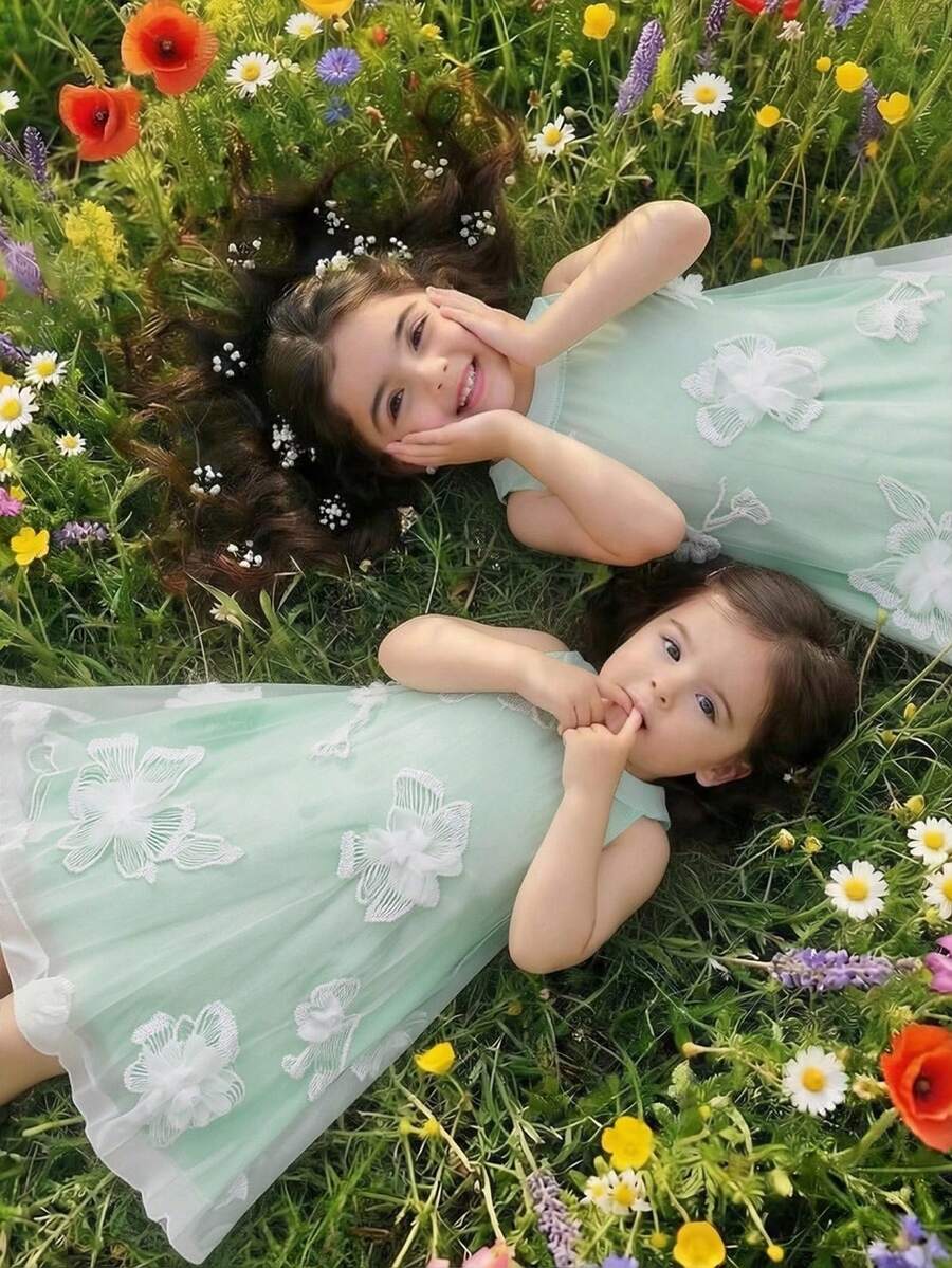 Souflis Souflis 夏季女童无袖吊带3D立体花卉连衣裙,适合派对和节日穿着 - 綠色 - 查看 1