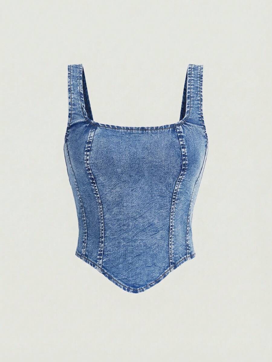 SHEIN MOD Áo denim nữ kiểu dáng thường ngày, đa năng, phù hợp để mặc hàng ngày. - Rửa trung bình - Xem 1