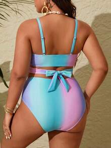 Slaydiva Plus Size Women's Gradient Color Print Cross Wrap Bust Tie Back Bikini Set Set, Beach/Resort Vacation - Pink - View 2