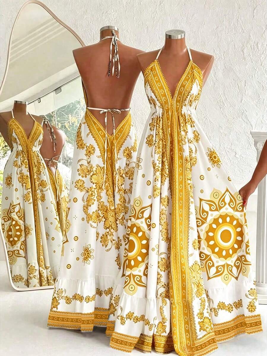SHEIN Holidaya Women's Tropical Island Resort Blue & White Totem Print Spaghetti Strap Backless Dress, Spring/Summer - Yellow - View 1
