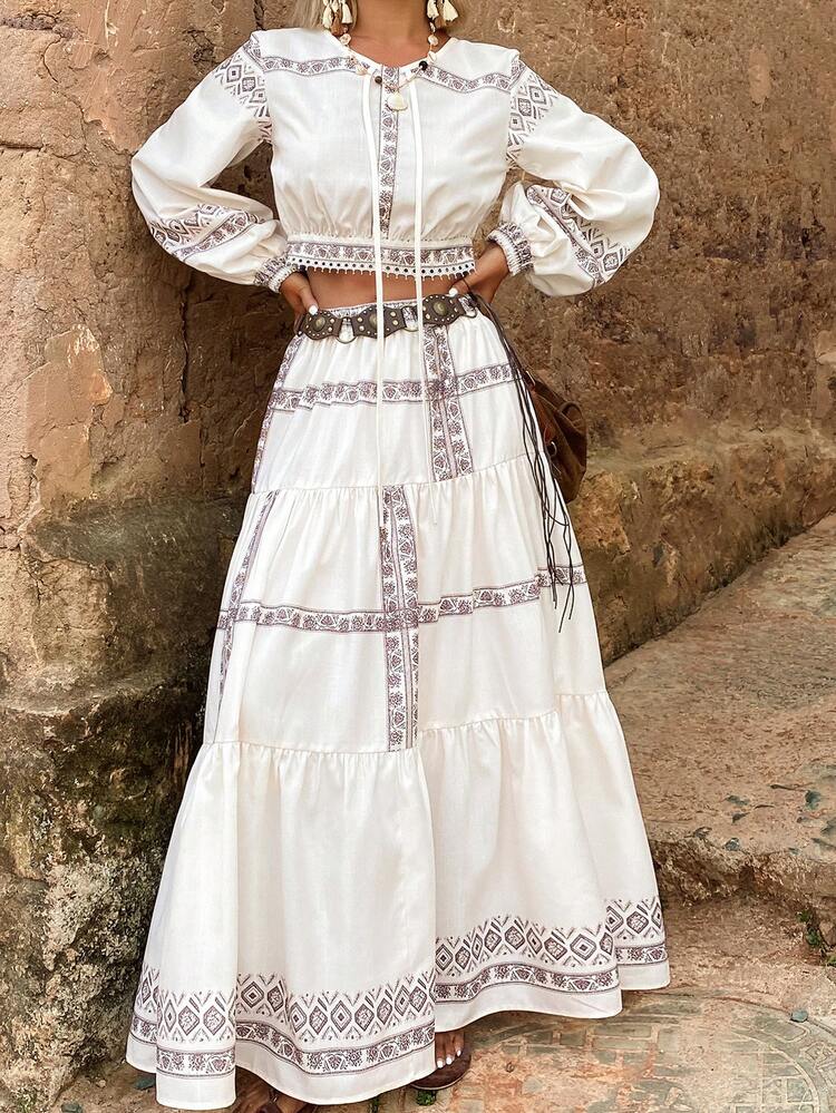 Print Short Sleeve Pullover Shirt & Long Skirt/Skirt Bohemian Casual 2-Piece Set For Women, Summer