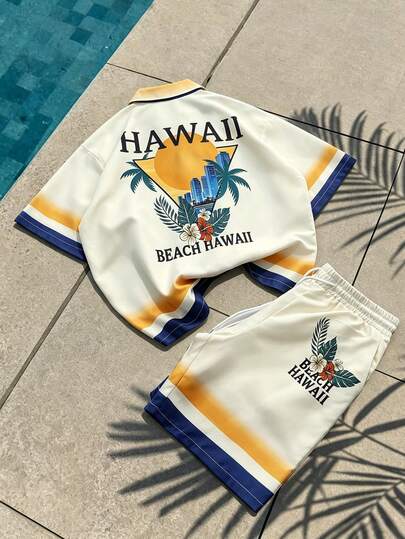 ROMWE MEN Street Life Bộ đồ hè 2 món dành cho nam! Áo sơ mi ngắn tay và quần short in họa tiết Hawaii, thích hợp cho các chuyến đi biển, tiệc bãi biển và mặc thường ngày.