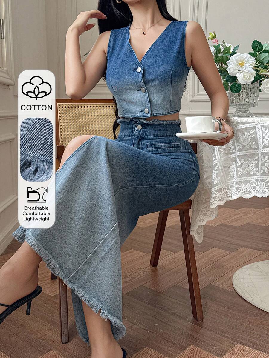 DAZY Bộ đồ 2 mảnh gồm áo gile denim ombre và chân váy đuôi cá dành cho nữ, thích hợp cho mùa hè. - Rửa trung bình - Xem 1