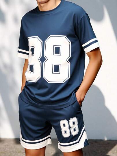 Fantacosmos 男童撞色篮球印花短袖T恤和短裤两件套，活力街头运动装，适合休闲穿着和户外活动