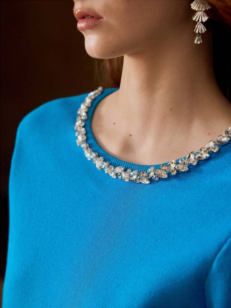 RHINESTONE EMBELLISHED SOLID COLOR SHORT SLEEVE KNIT TOP