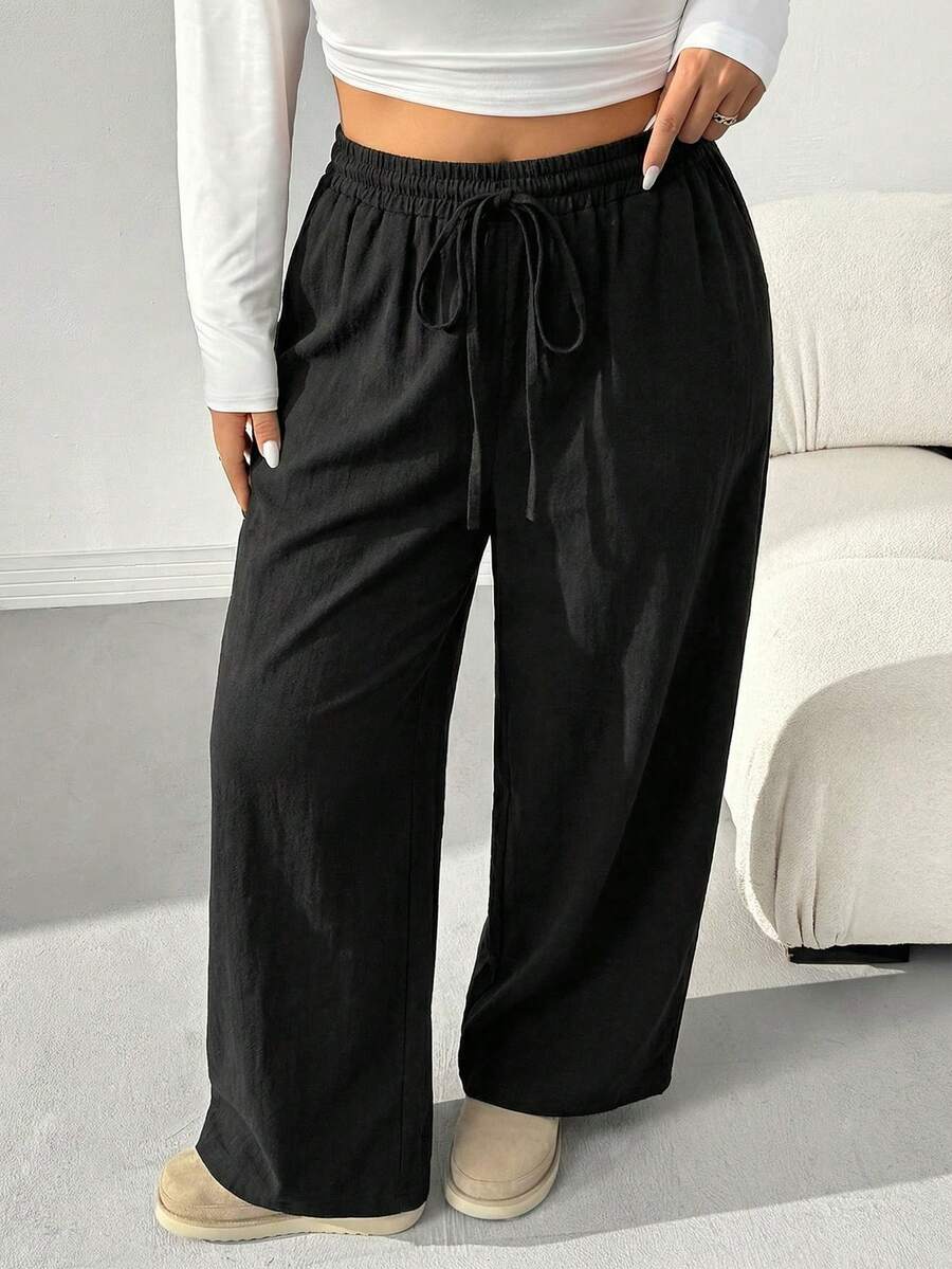 SHEIN EZwear 大码休闲纯色弹力腰裤,夏季长裤 - 黑色 - 查看 1