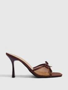 CUCCOO SZL Zapatos de mujer Moda clásica Sandalias de tacón alto para mujer Sandalias de malla marrón con lazo Sandalias de tacón fino con diseño de punta cuadrada para cena, trabajo, viajes, citas y uso sexy - Marrón - Ver 2
