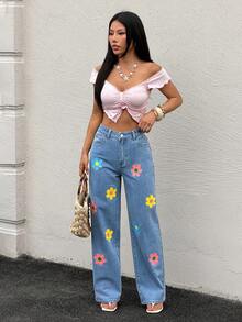 Quần jean denim in họa tiết thường ngày dành cho nữ - Màu xanh lam - Xem 6