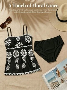 SHEIN Swim 两件套女士高弹绿色印花比基尼套装，包含印花抹胸上衣和纯色三角泳裤，优雅比基尼套装，适合春夏海滩派对，女士泳装，单件泳衣，新款女士泳装，全包覆式泳衣 - 彩色 - 查看 5