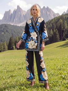 CAJUNI Black Boho Wrap-Style Kimono With Floral Print. - Black - View 3