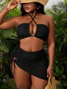 Slaydiva Bộ đồ bơi 3 mảnh dành cho nữ cỡ lớn, chất liệu vải jacquard, màu trơn, không dây đeo vai, kết hợp với chân váy xẻ tà, thắt eo bên hông, thích hợp cho kỳ nghỉ biển. - màu đen - Xem 1