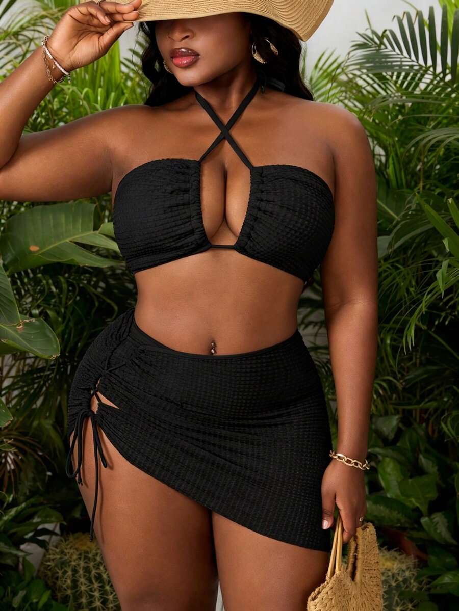 Slaydiva Bộ đồ bơi 3 mảnh dành cho nữ cỡ lớn, chất liệu vải jacquard, màu trơn, không dây đeo vai, kết hợp với chân váy xẻ tà, thắt eo bên hông, thích hợp cho kỳ nghỉ biển. - màu đen - Xem 1