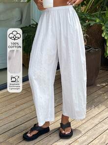 Livesso Quần pajama ống rộng màu trơn có dây rút ở eo dành cho nữ - trắng - Xem 3