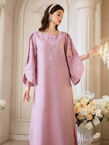 Al Najma Đầm dài tay đính đá kiểu Ả Rập dành cho nữ - Hồng - Xem 8
