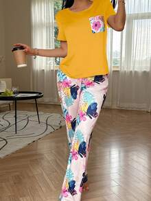 SHEIN 蝴蝶与花朵印花休闲女式睡衣套装 - 黃色 - 查看 4