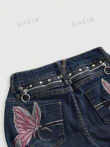ROMWE Fairycore Y2K Baddie Butterfly Embroidered Distressed Low-Rise Denim Shorts - Dark Wash - View 2