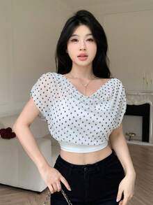 Celisse 女款印花波點抓皺垂領上衣 時尚優雅精緻 度假度假風 百搭復古法式風上衣 - 彩色 - 查看 3