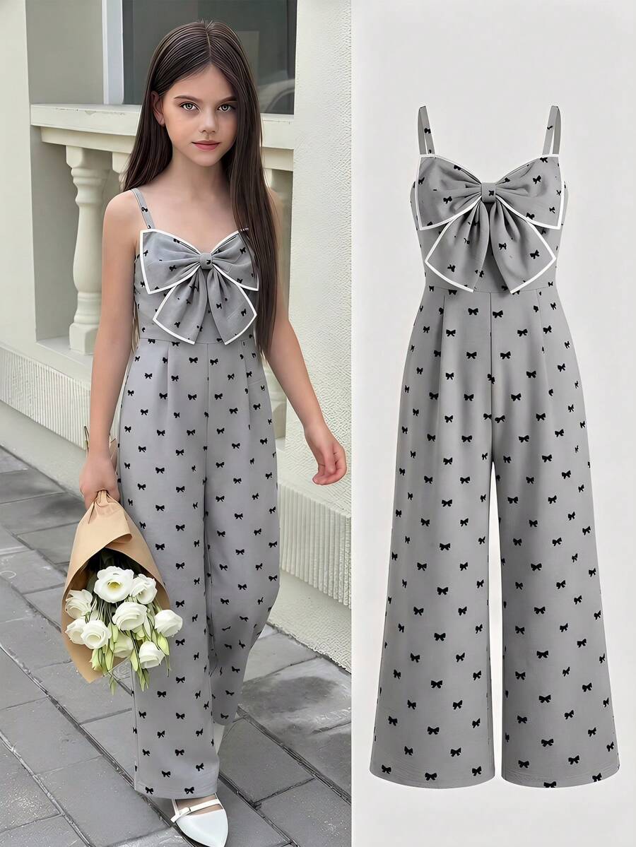 Bộ jumpsuit hai dây chất liệu vải có họa tiết, thiết kế nơ kiểu Pháp, phong cách thanh lịch độc đáo, kiểu dáng suông ôm sát, thích hợp cho mùa xuân/hè. - Xám - Xem 1