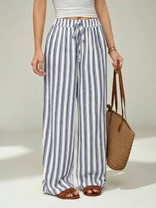SHEIN PETITE Quần ống đứng kẻ sọc thoải mái dành cho nữ, thích hợp cho kỳ nghỉ. - Nhiều màu - Xem 2