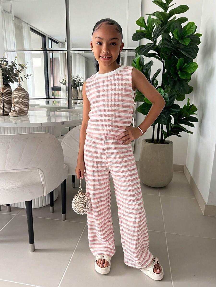 Bộ 2 món cho bé gái tuổi teen: Áo tank top kẻ sọc đen trắng dáng rộng + quần ống rộng, trang phục đa năng thời trang mới mùa xuân/hè 2026. - Hồng - Xem 1