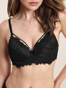 Hourtrue Lenjerie intimă sexy pentru femei Peach Girl, din dantelă neagră, cu sutiân cu susținere, confortabilă și la modă, potrivită pentru purtare zilnică, pentru vară - Negru - Vizualizare 1