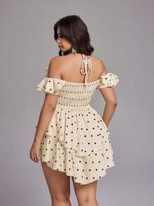 Viva Relle Plus Size Contrast Polka Dot Print Halter Neck Dress - Pink - View 6