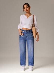 SHEIN PETITE 女士休闲日常口袋纽扣牛仔裤 - 藍色 - 查看 6