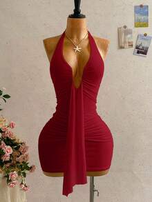 Soleia Women's Summer Bohemian Vacation Sexy Tie-Front Ruched Mini Dress,Summer Dresses For Women - Burgundy - View 7