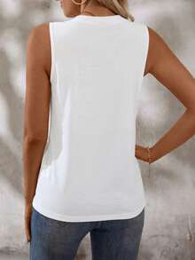 Women's Cotton Knit Round Neck Pleated Sleeveless Fitted Casual Versatile Tank Top, Summer - White - View 2