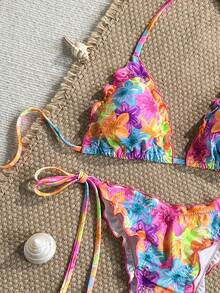 Swim Mod 2pcs/Set Random Floral Print Ruffle Trim Halter Neck Triangle Bikini Top And Side Tie Bottoms Sexy Swimwear Set, Spring/Summer Floral Print Bikini Bikinis Set For Women Bikini Sets Beach Wear 2 Piece Set Bathing Suit For Women Set - Multicolor - View 6