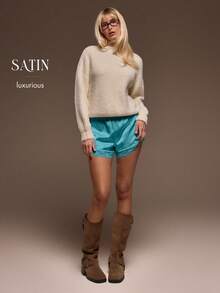 MUSERA Quần short satin co giãn, kiểu dáng dễ thương, viền ren, thích hợp cho kỳ nghỉ hè, phong cách boho, quần dài mùa xuân, đi nghỉ mát. - Màu xanh lam - Xem 6
