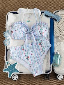 Swim Mod 女士甜美草莓蝴蝶印花前系带细肩带荷叶边比基尼套装，26SS 夏季简约女士优雅沙滩度假派对泳装两件套 - 彩色 - 查看 2