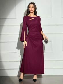 Modelyn 优雅纯色镂空喇叭袖连衣裙 - 中紫紅色 - 查看 5