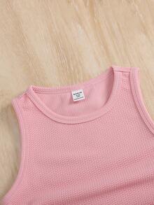 SHEIN Tween Girl Solid Color Knit Mock Neck Fitted Casual Cropped Tank Top 3 Pieces Set - Green - View 3