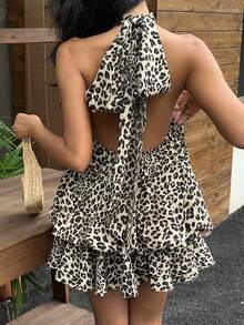 SHEIN EZwear 女士豹纹露背迷你吊带连衣裙 - 咖啡棕 - 查看 2