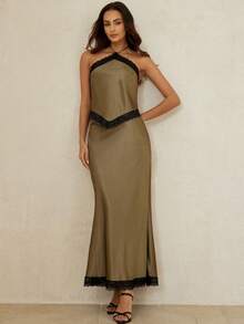BELROSIE French Retro Elegant Sexy Women's Luxury High-End Design Solid Satin Splice Sleeveless Top And Bodycon Fishtail Skirt Two Pieces Set For Dates Party - Green - View 4