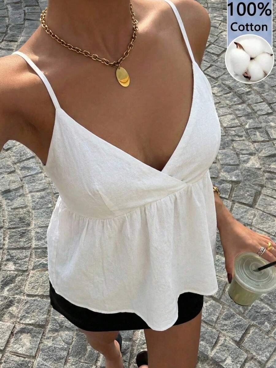 SHEIN EZwear 女士纯色褶皱休闲百搭日常吊带背心 - 白色 - 查看 1