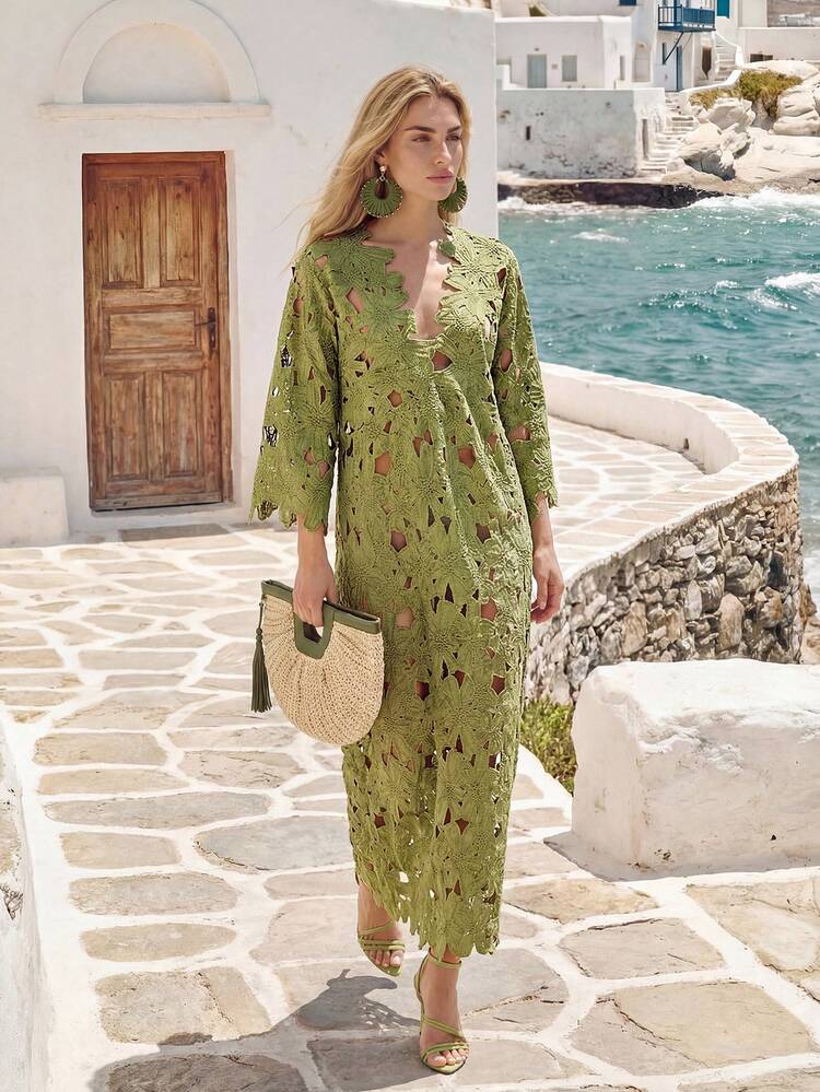 Deep V-Neck Green Hollow Crochet Loose Long Dress, Elegant, Formal, Party, Chic, Work, Graduation