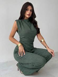 Firerie Sage Green Summer Casual Elegant Brunch Women's Linen Commute Suit,Sleeveless Asymmetric Ruched Blouse&Wide Leg Pants Set,Office Vacation Outfit - Green - View 7