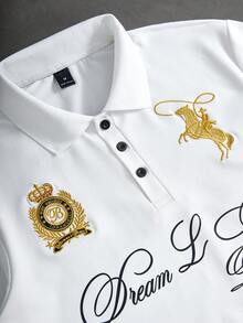 PAVTROS Men's Minimalist Gold Embroidered Floral Short Sleeve Polo Shirt - White - View 2