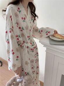 1-Piece Women's Spring/Autumn Korean Style Simple Comfort Bathrobe Pajamas Loose Casual Homewear Quick Absorbent Bathrobe Suitable For Hot Spring Couple Bathrobes - Cherry Bear - View 3