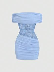 Sweetra Y2K Sexy Off-Shoulder Pleated Lace Patchwork Elegant Vacation Dress - Blue - View 3
