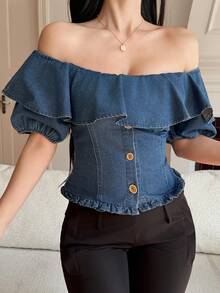 DAZY Áo denim nữ màu trơn tối giản trễ vai, thích hợp mặc hàng ngày vào mùa hè. - Rửa trung bình - Xem 4