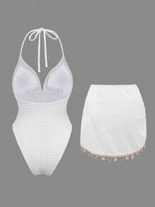 Swim Oasis 女士纯色三角比基尼上衣，贝壳链肩带，连体泳衣，抽绳腰带，贝壳链装饰两件套 - 白色 - 查看 4