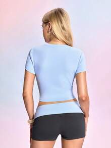 My Little Pony X SHEIN Women's Minimalist Print Round Neck Short Sleeve Top & Shorts 2 Pieces Set - Blue - View 2