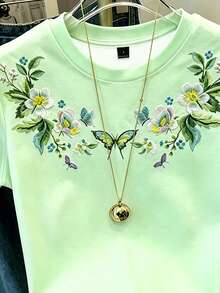 Resyla Blusa de manga corta con estampado floral, camiseta de cuello redondo de manga regular con tela elástica y detalles florales, casual, para todas las estaciones - Verde - Ver 3