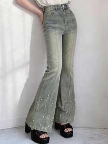 Quần jeans ống loe nữ đa năng, kiểu dáng thường ngày, có túi. - Màu xanh lam - Xem 6