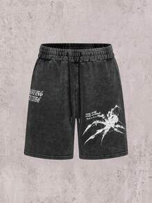 Skyrend Hemo Men's Letter & Spider Print Drawstring Waist Pocket Loose Distressed Shorts - Black - View 1
