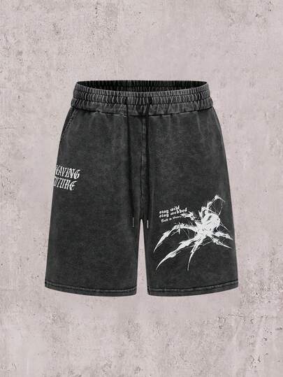 Skyrend Hemo Men's Letter & Spider Print Drawstring Waist Pocket Loose Distressed Shorts